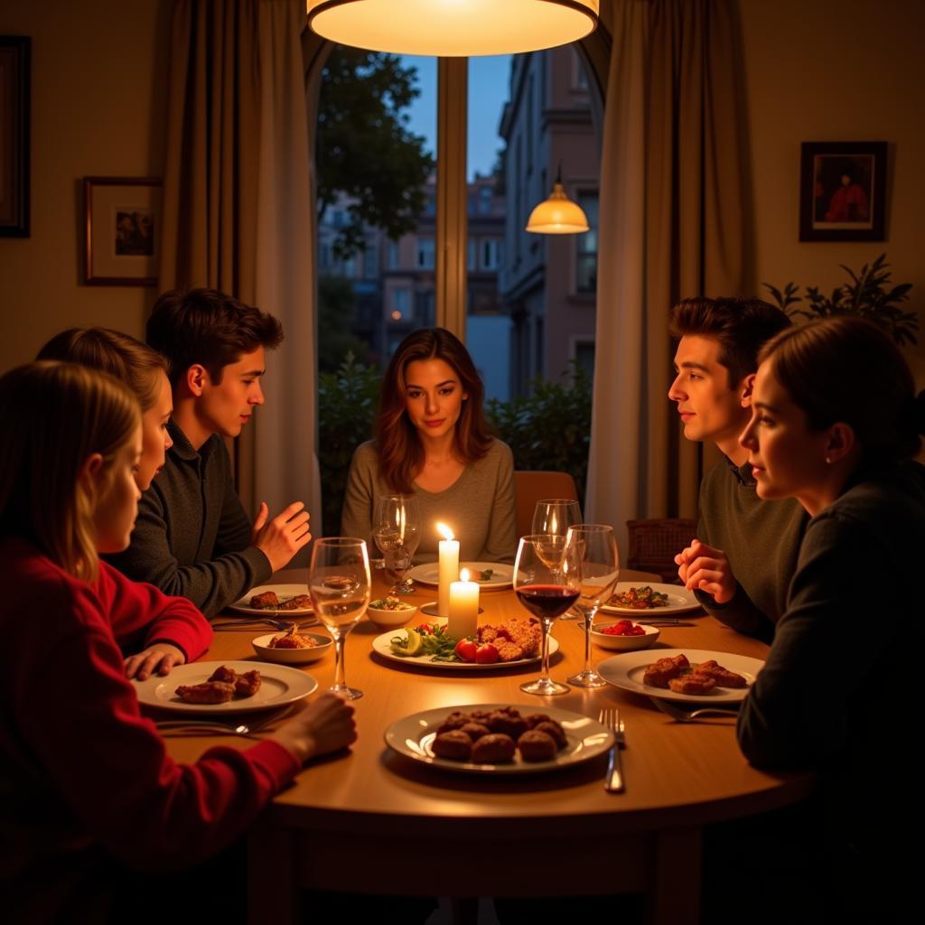 A Spanish family shares laughter and conversation over dinner in their inviting Madrid apartment