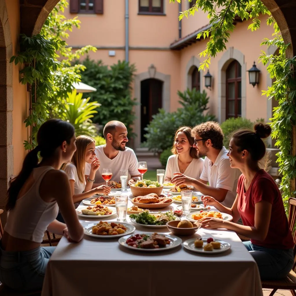 Spanish Family Enjoying a Meal in Courtyard