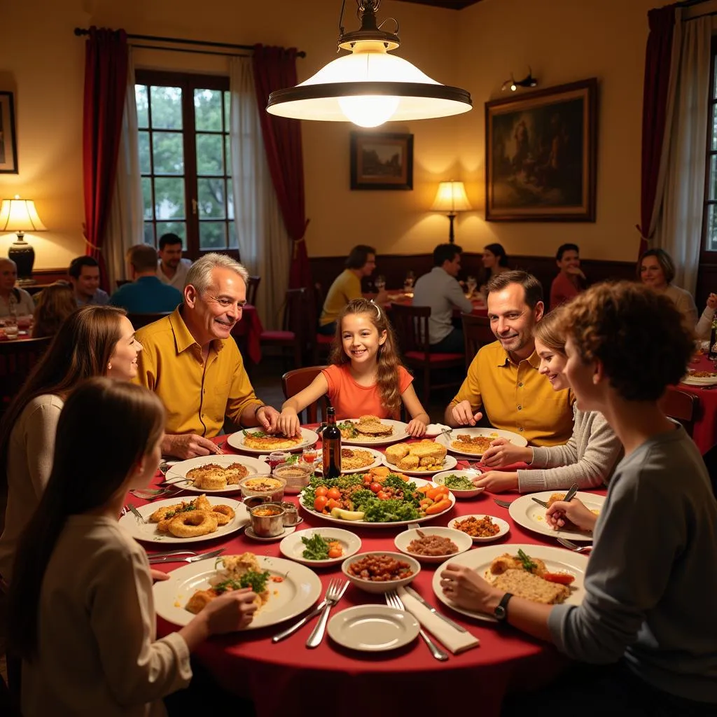 Family Enjoying Meal in Cozy Spanish Restaurant