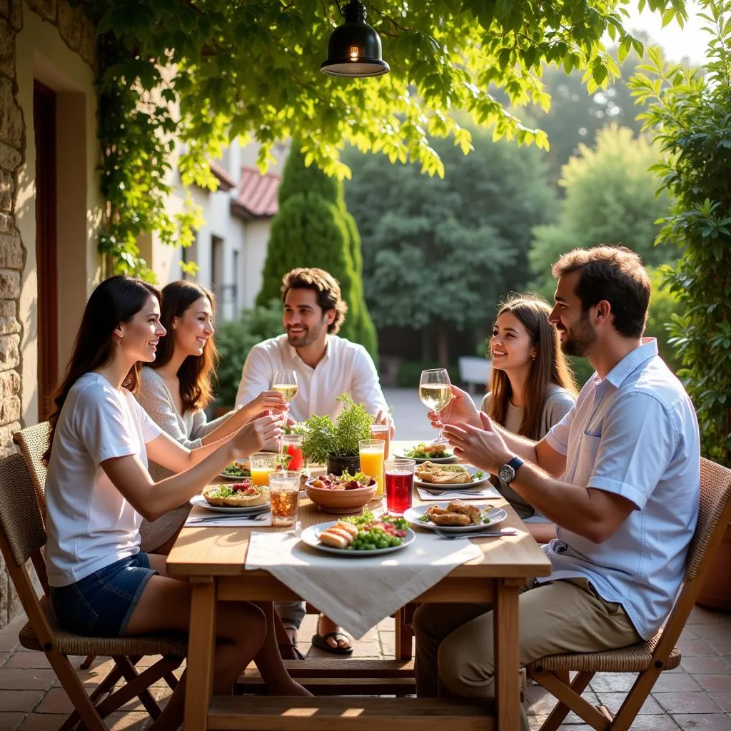 Family enjoying a meal on an outdoor patio