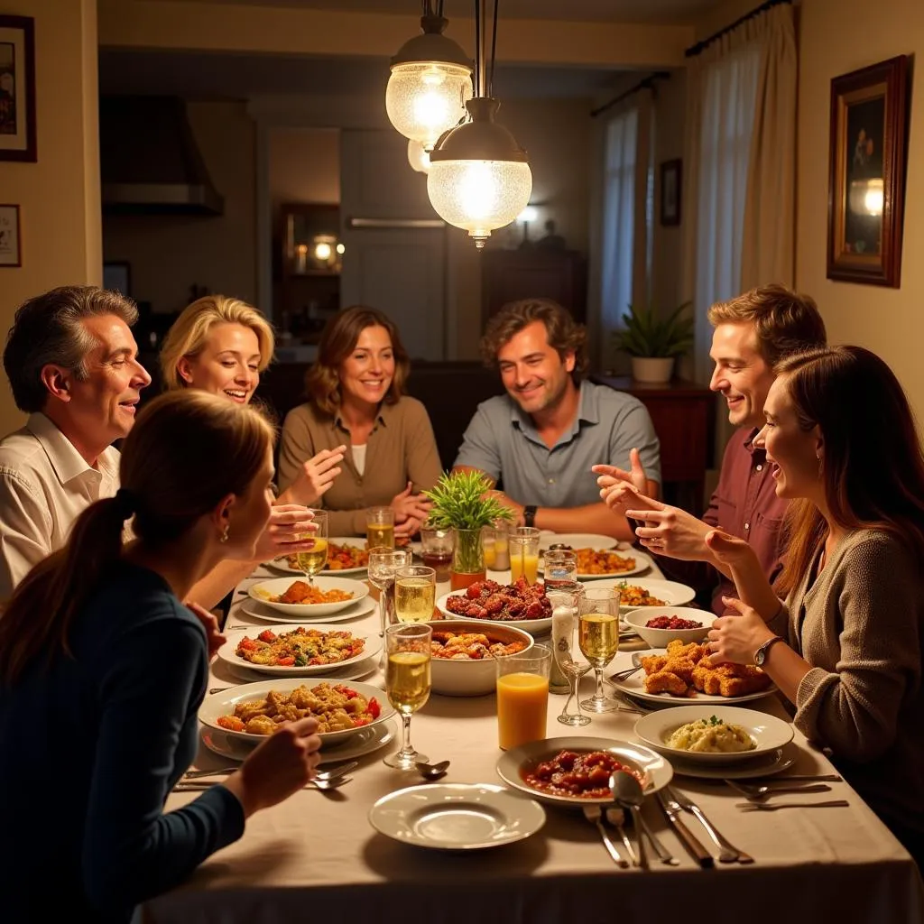 A multi-generational Spanish family gathered around a table enjoying a meal