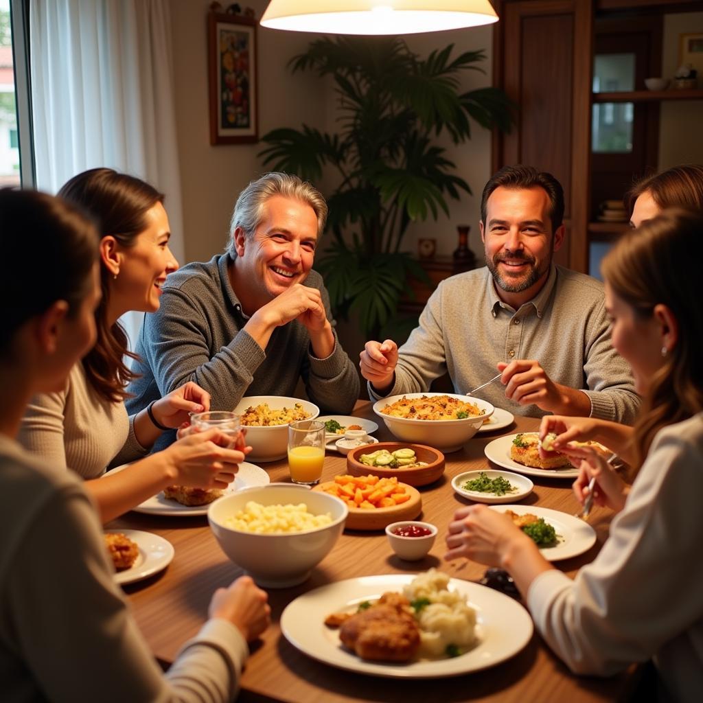 A Spanish family enjoying a meal together in their home