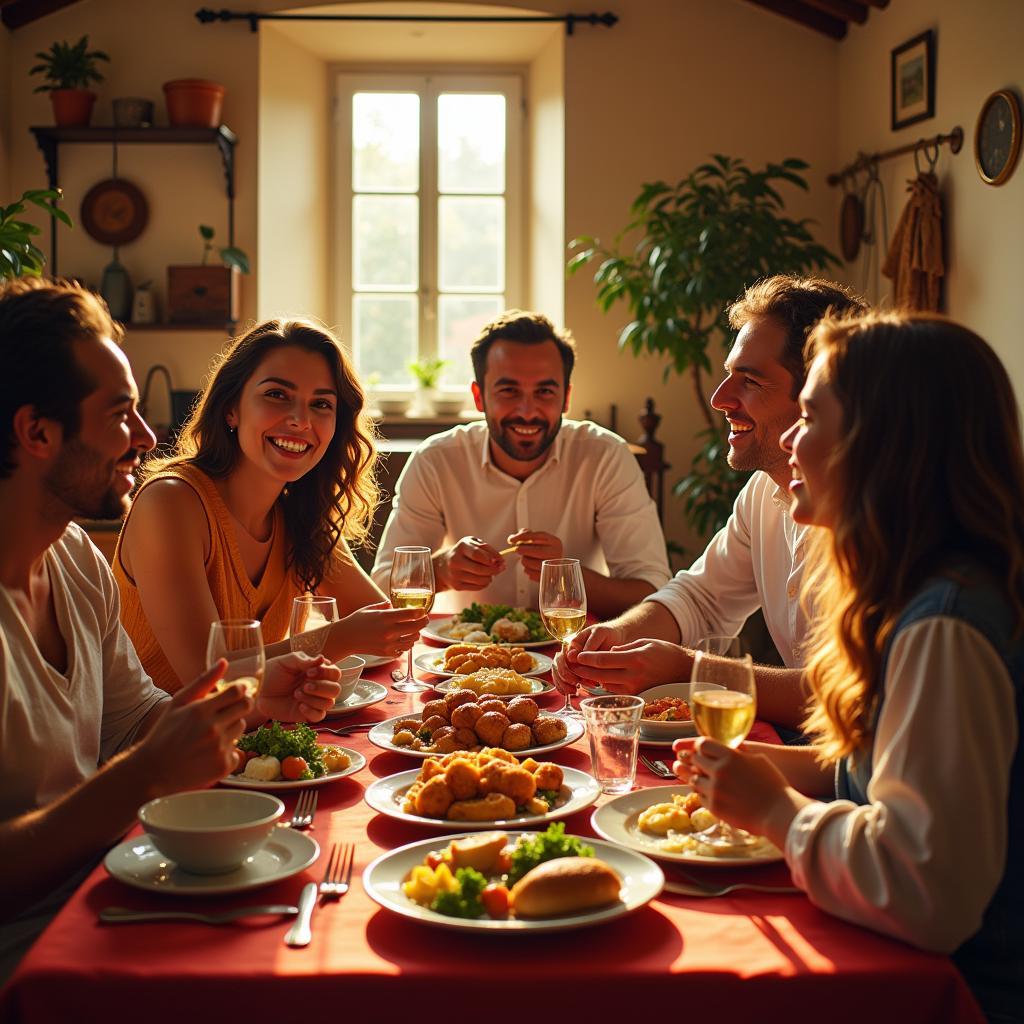 A Spanish family enjoying a meal together in their home