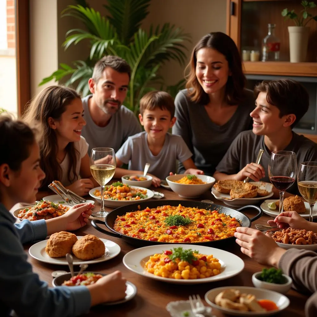 Spanish family enjoying paella