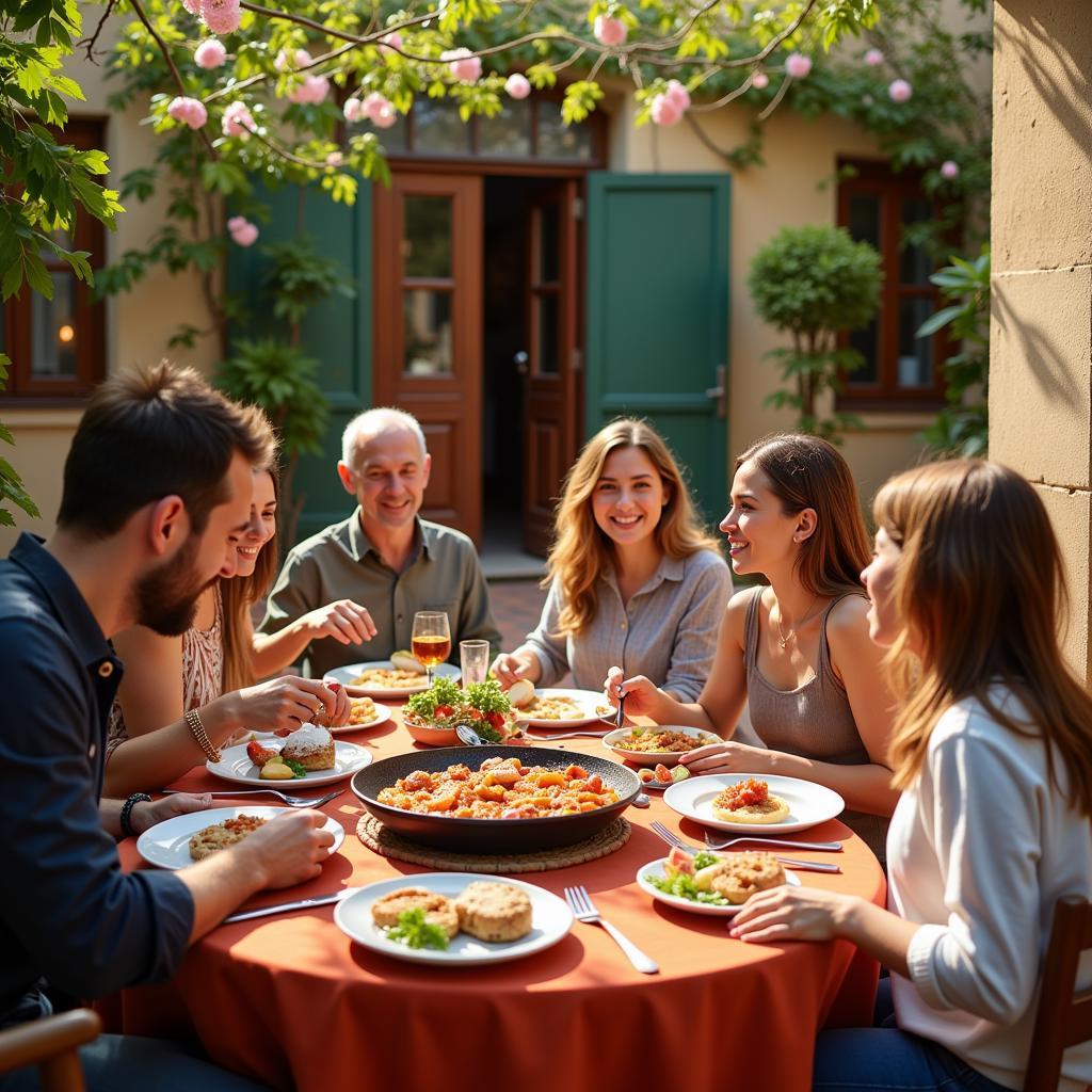 Spanish Family Enjoying Paella in their Courtyard