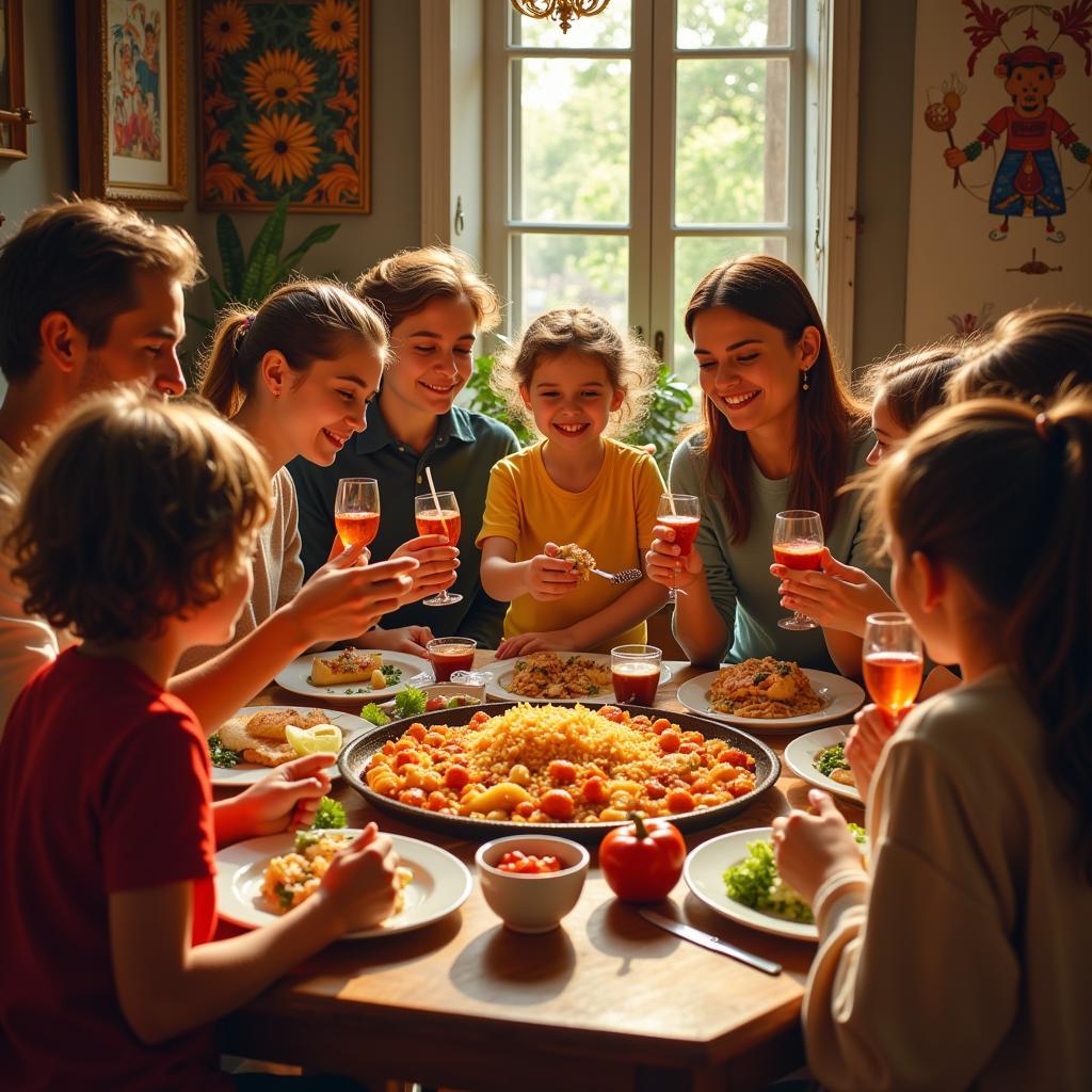 Family Feasting on Paella in Spain