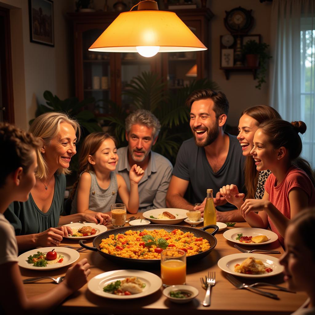 A Spanish family enjoying paella together