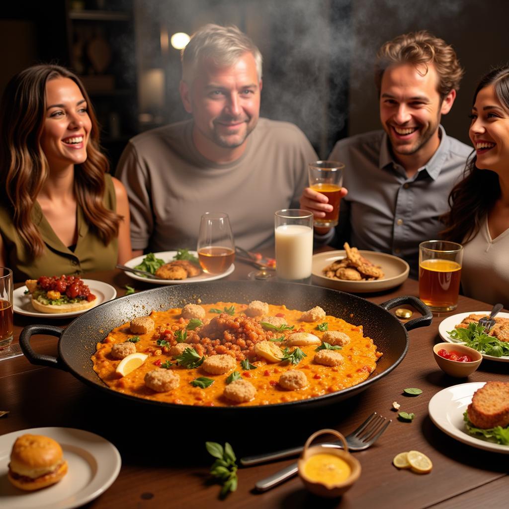 A family gathered around a table enjoying a traditional paella meal.