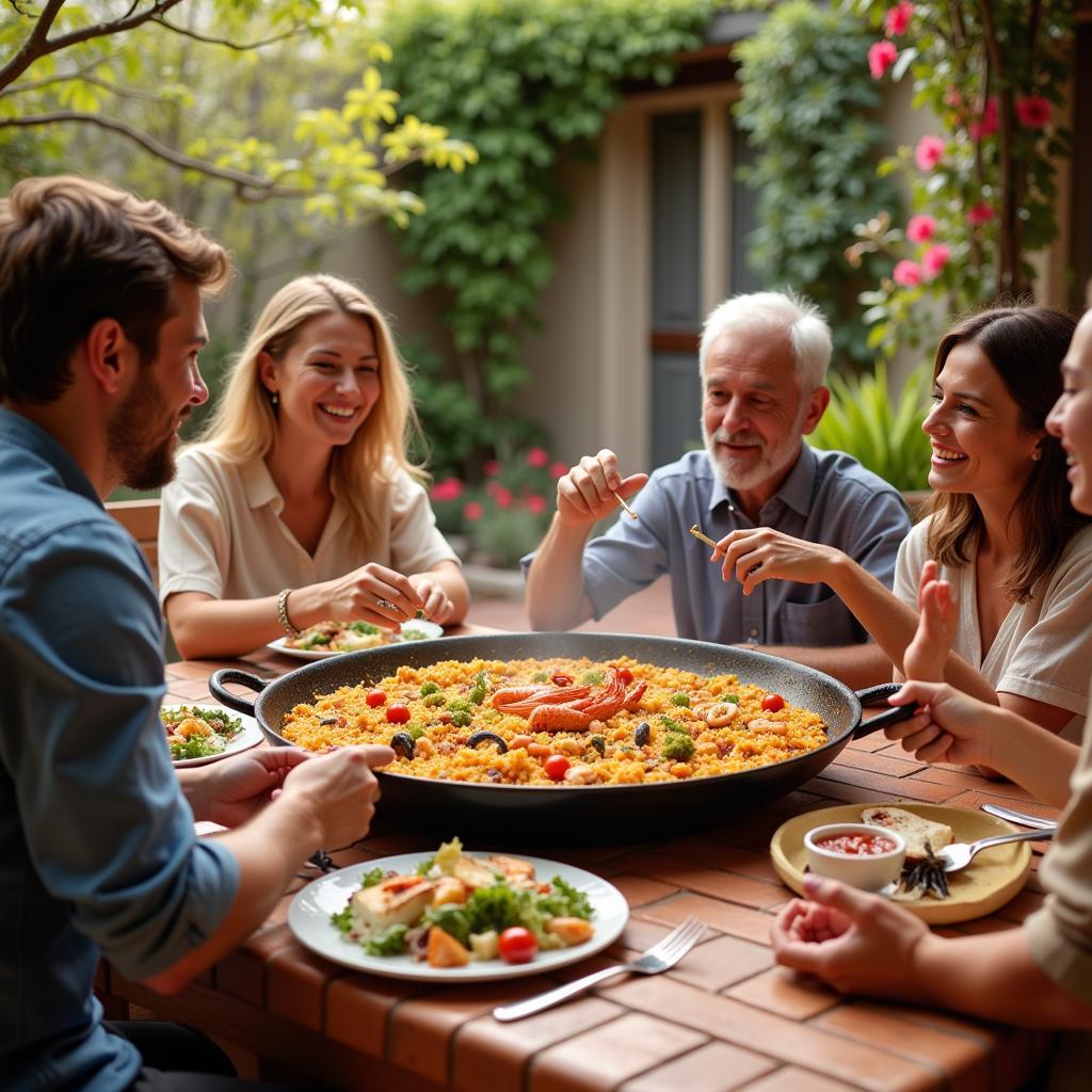 A Spanish family gathers around a table to enjoy a traditional paella meal.