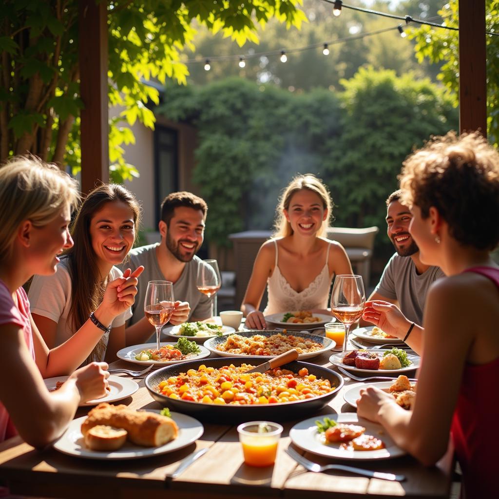 Family Enjoying Paella in Spain