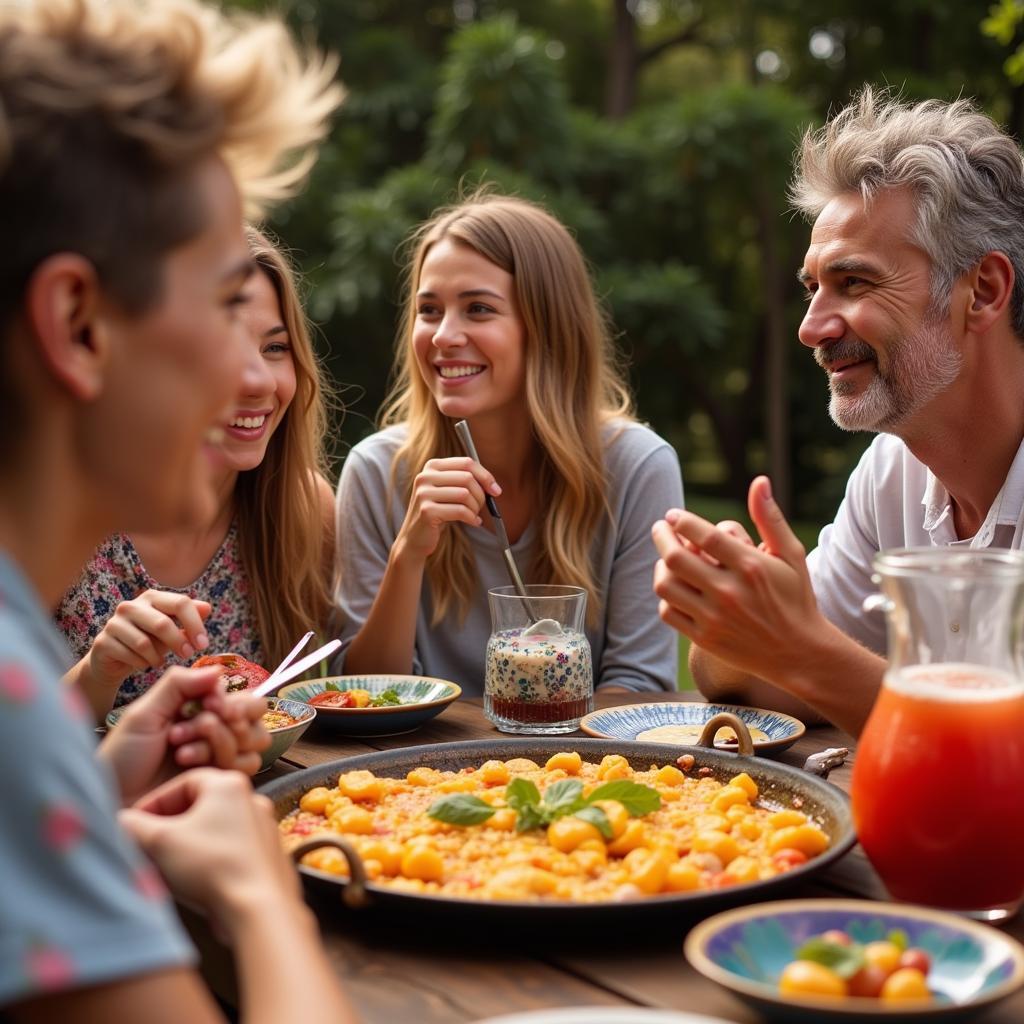 A Spanish family gathers around a table laden with paella, sharing laughter and conversation.