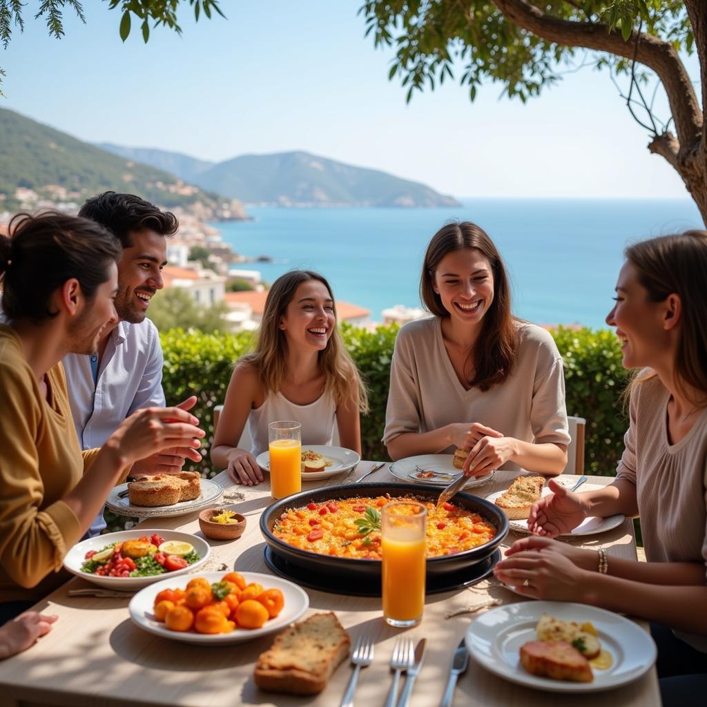 A Spanish family enjoying paella together on a terrace overlooking the sea.