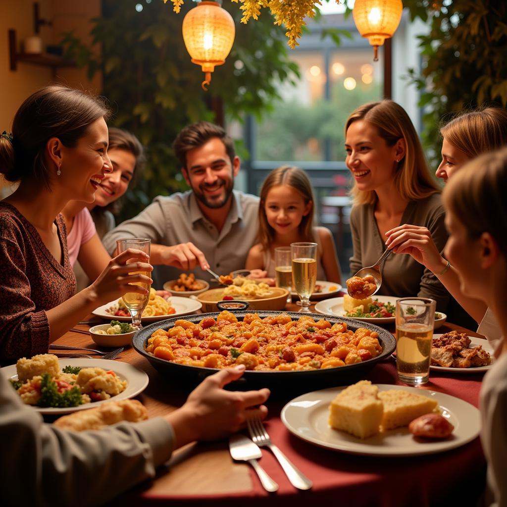 A Spanish family gathered around a table, smiling and enjoying paella together