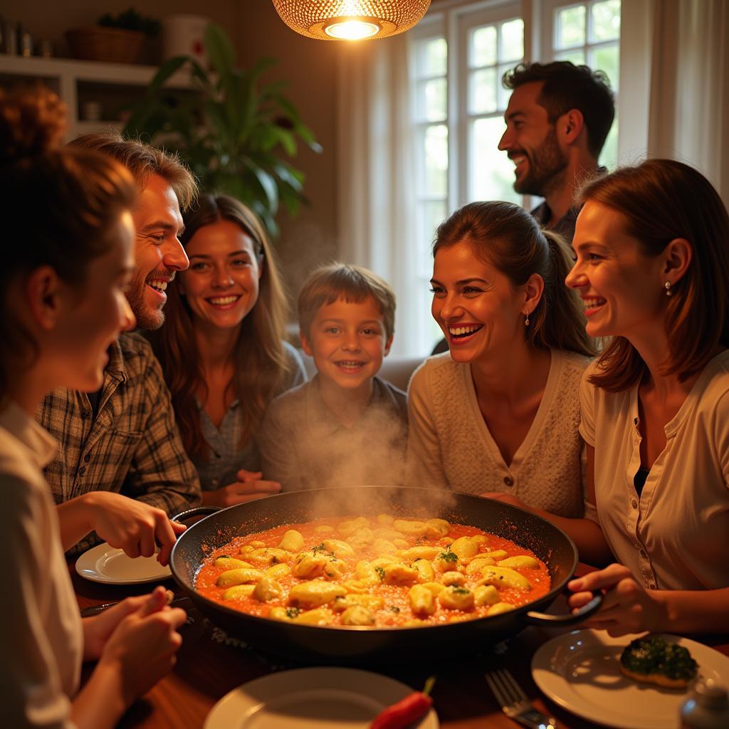 A Spanish family laughing together during a paella lunch