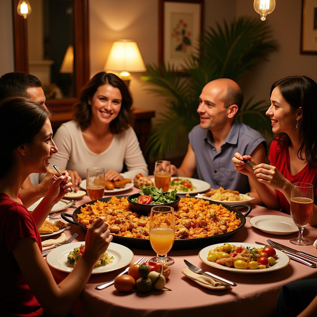 A Spanish Family Enjoying a Traditional Paella Dinner