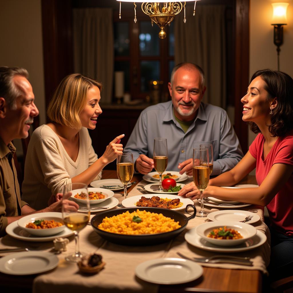 A Spanish family enjoying a traditional paella meal around a Mesa Dorada dining table