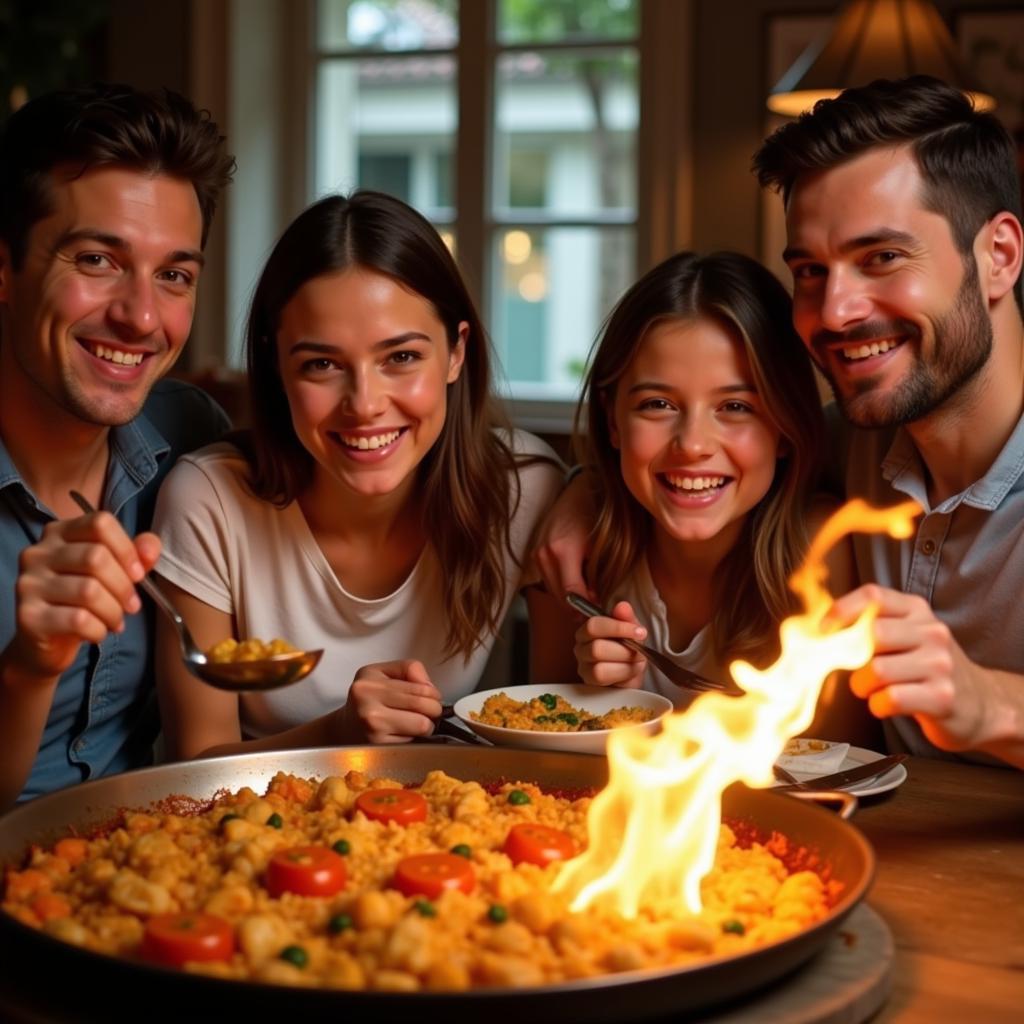 A Spanish family gathered around a table, laughing and sharing a delicious paella.