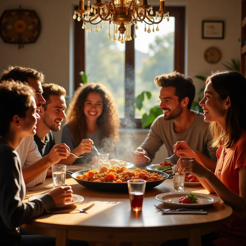 Spanish Family Enjoying Paella Dinner