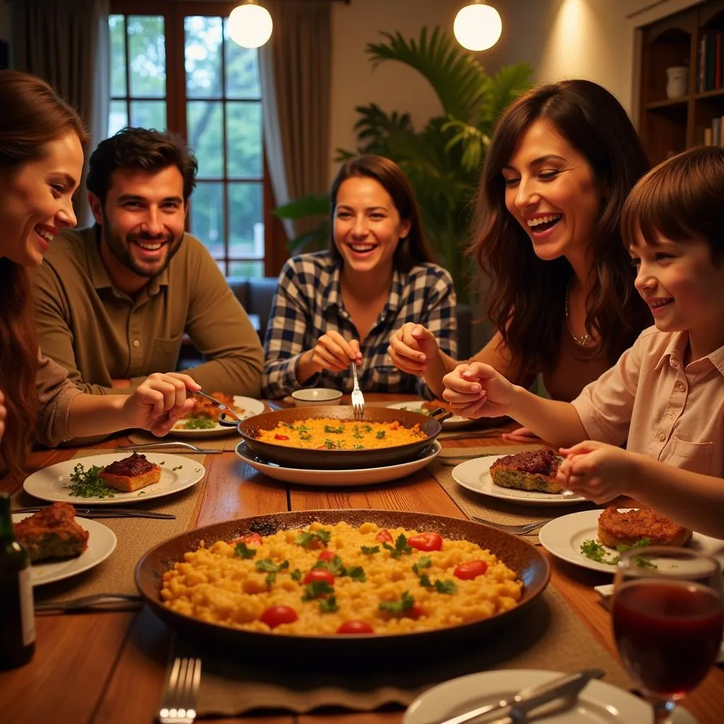 Spanish Family Enjoying Paella Dinner