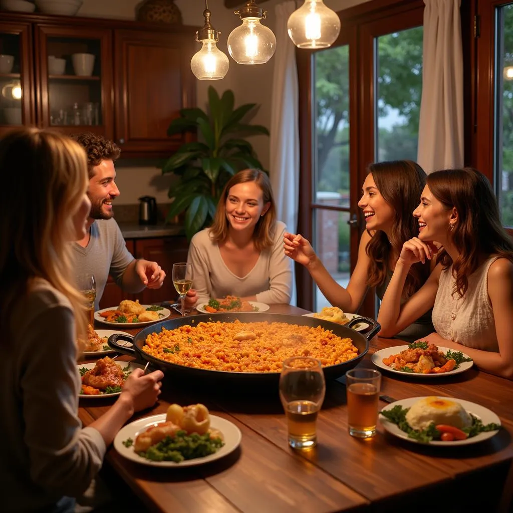 Family enjoying paella dinner in Spain