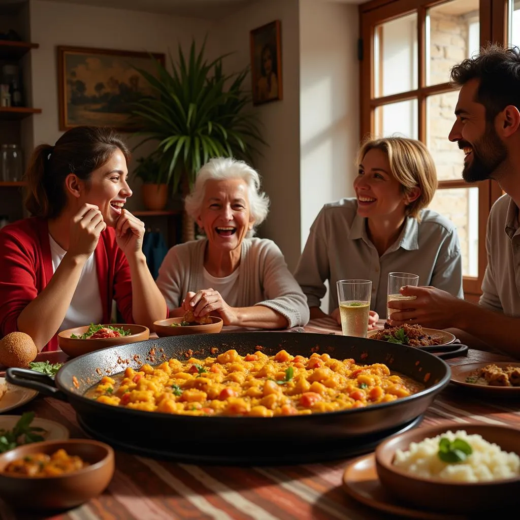 Family enjoying Paella Dinner in Spain