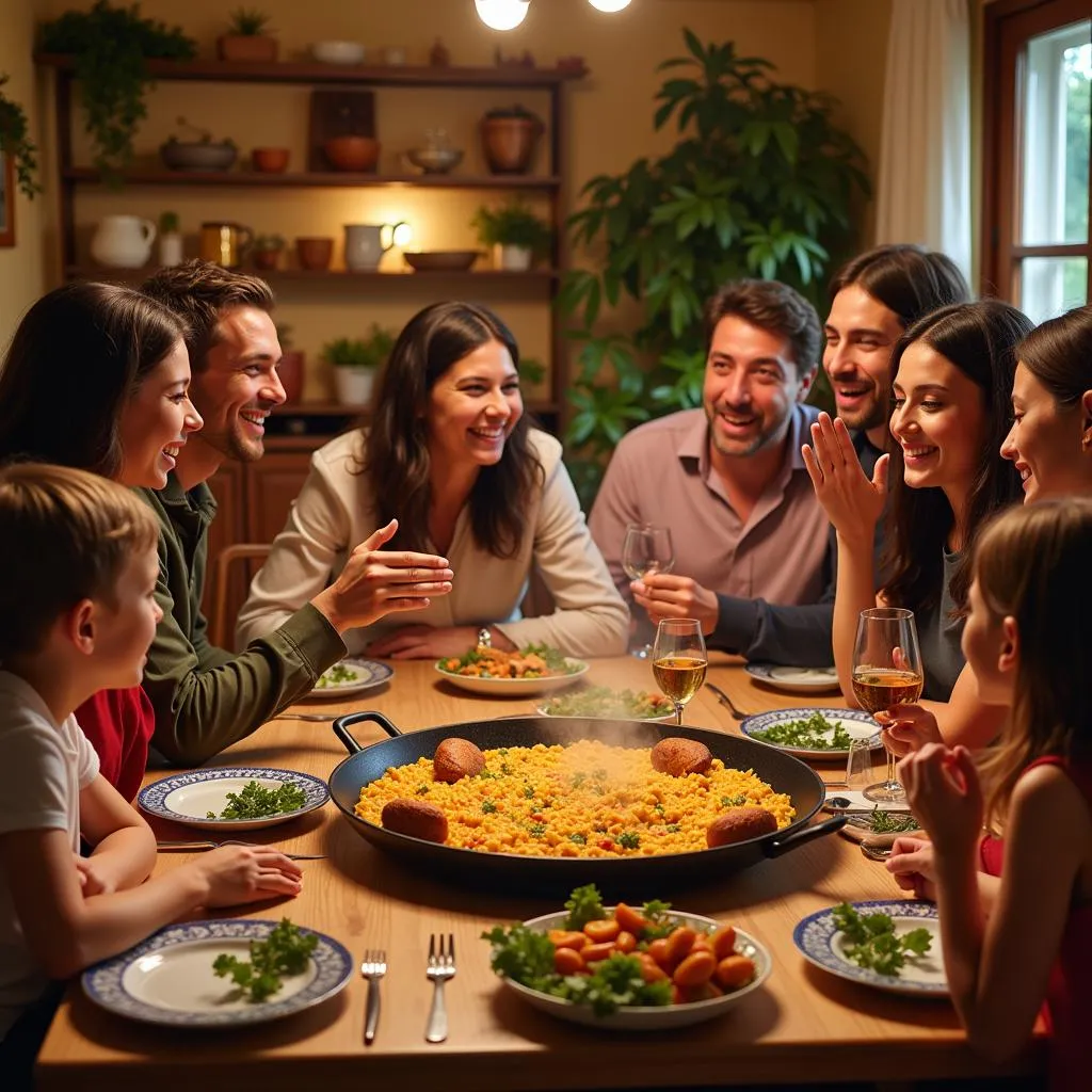 Spanish family enjoying paella dinner