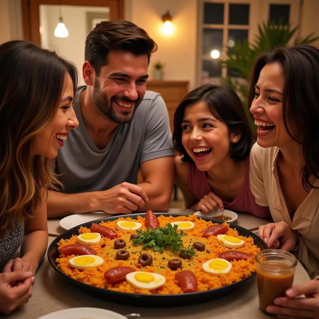 Spanish family enjoying Paella dinner