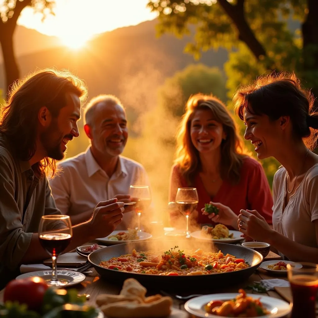 A Spanish family enjoying a traditional paella dinner