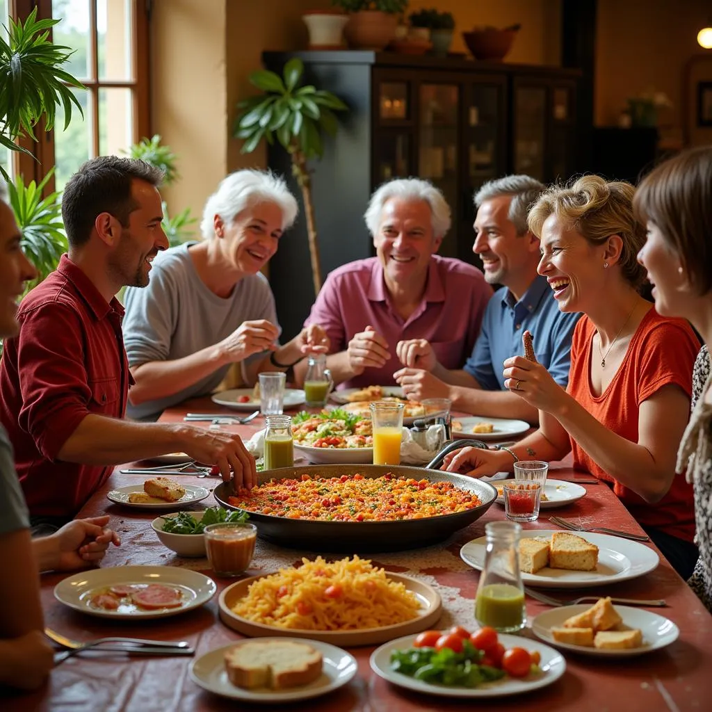 Spanish family enjoying paella dinner