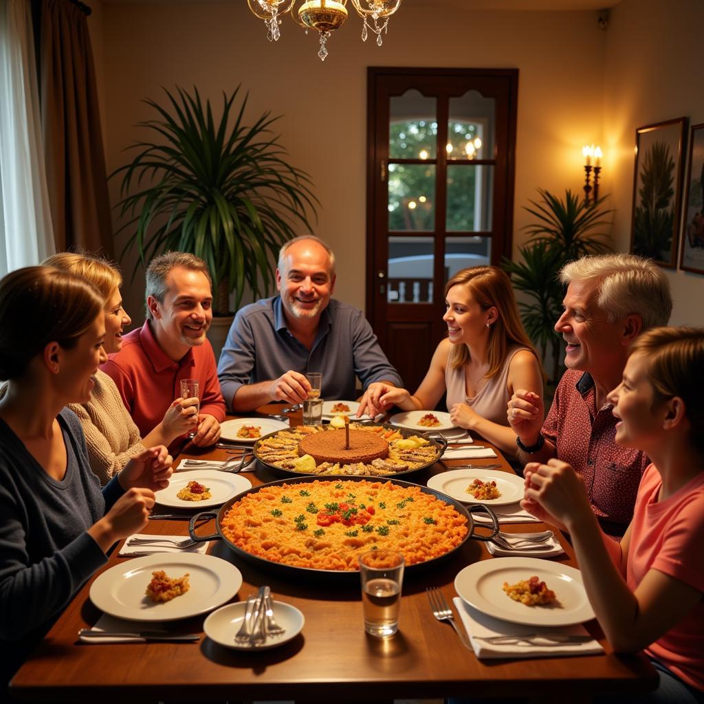 Family enjoying paella dinner in Spain