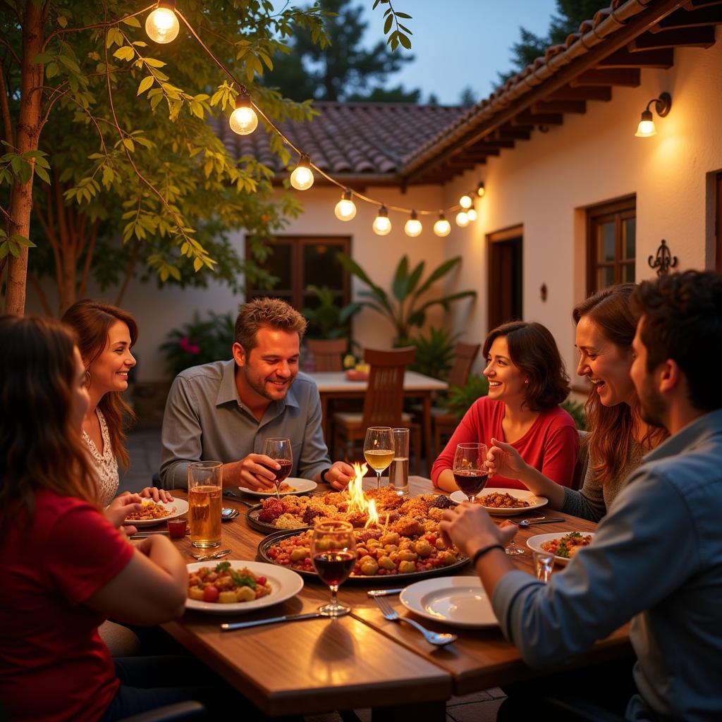 Family enjoying paella in a Spanish courtyard