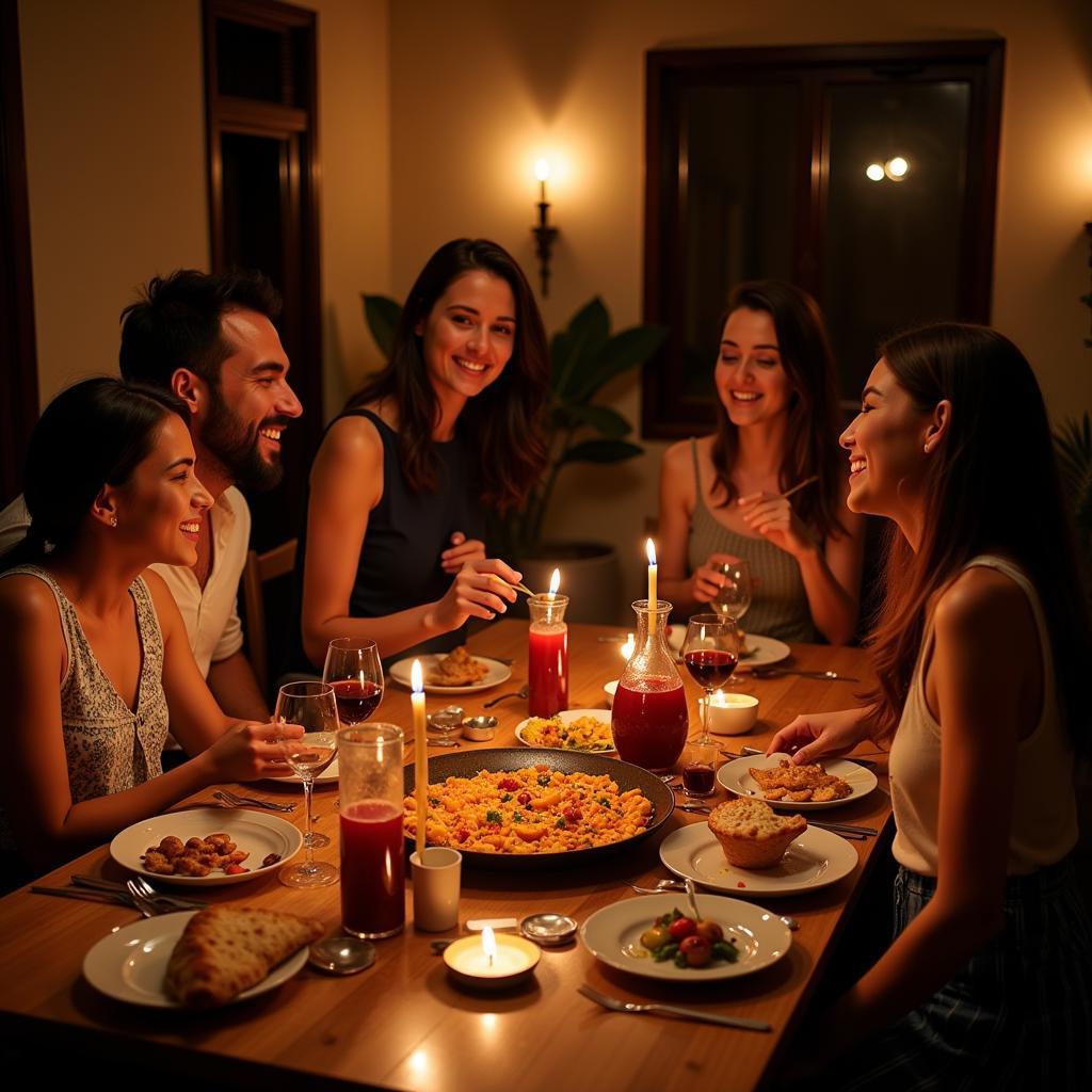 Family enjoying paella dinner