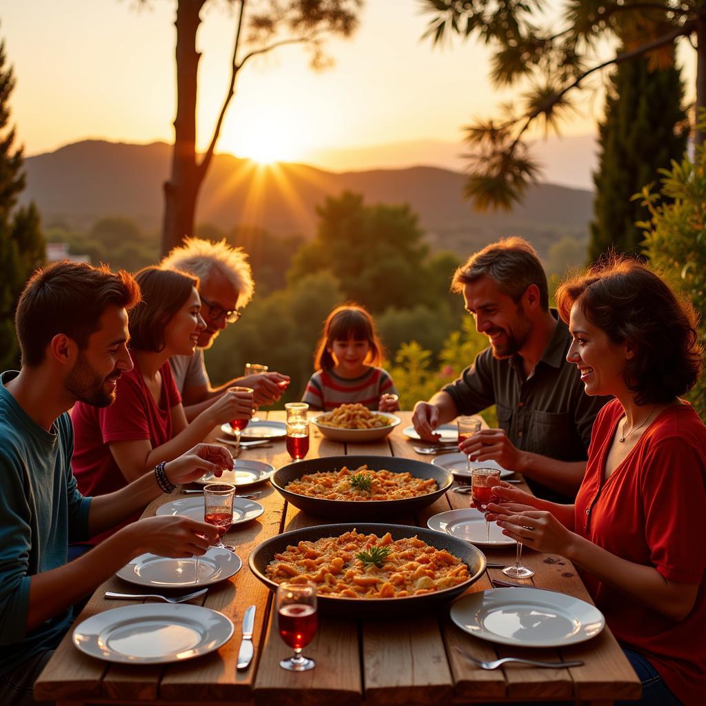 Spanish Family Sharing Paella Dinner