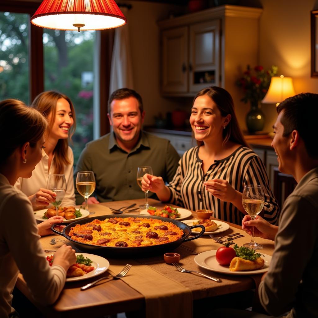 Family Enjoying Paella Dinner