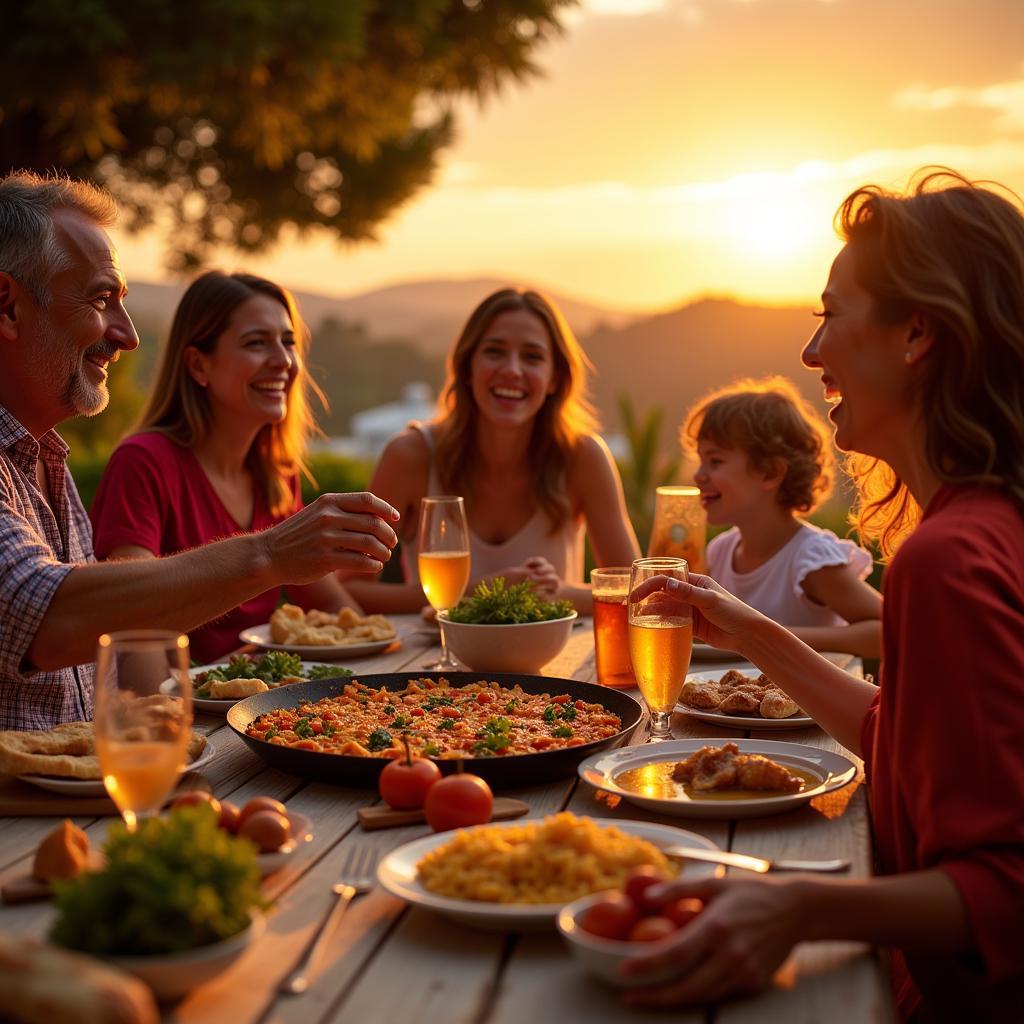 Spanish Family Enjoying Paella Dinner