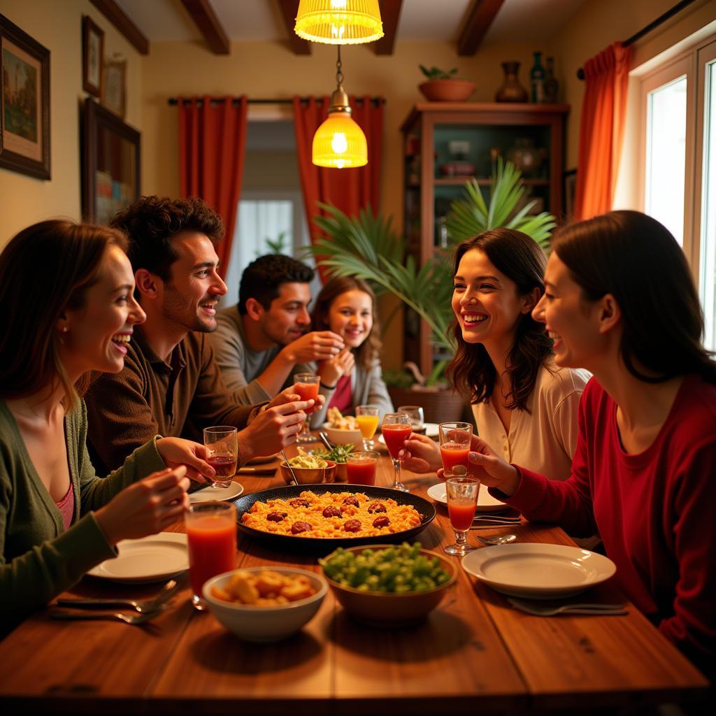 Spanish family enjoying paella dinner