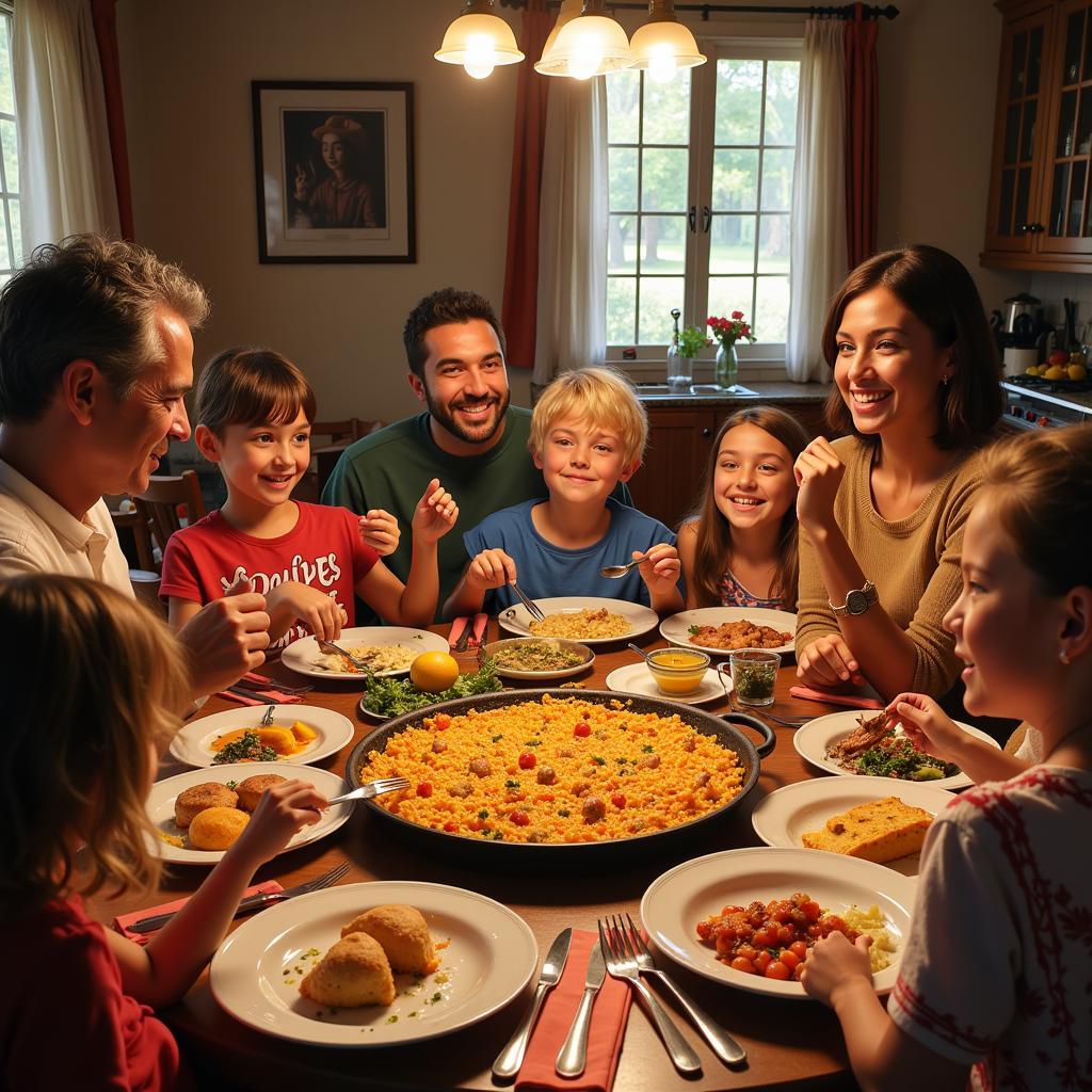 A Spanish family gathers around a table laden with paella