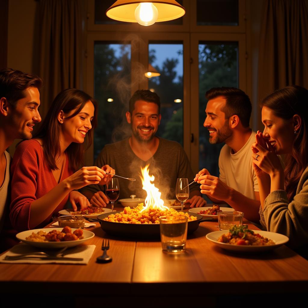 A Spanish family enjoys a traditional paella dinner together