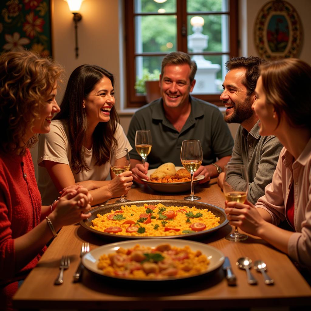 Spanish family enjoying paella dinner together