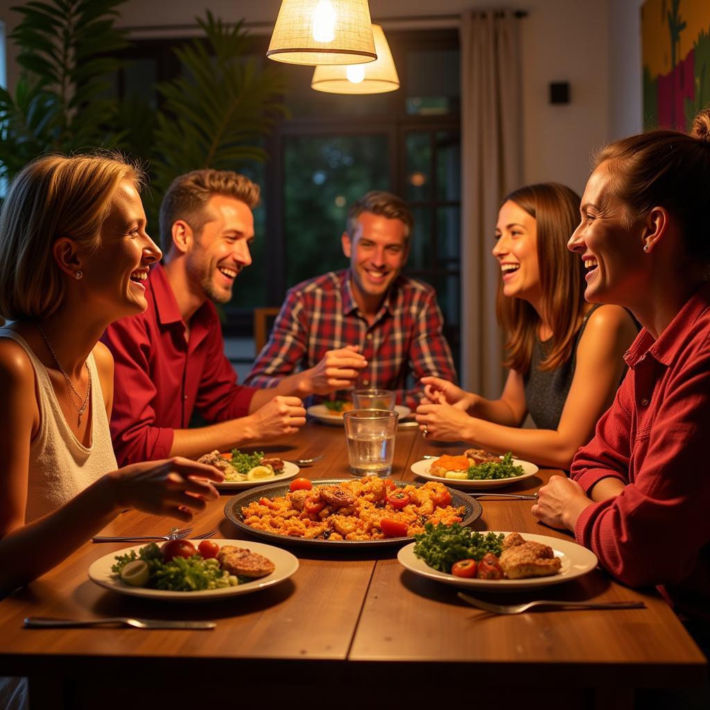 A Spanish family enjoys a traditional paella dinner together