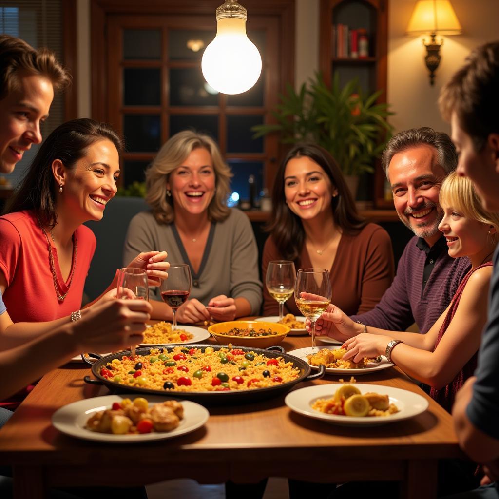 Spanish family enjoying paella dinner