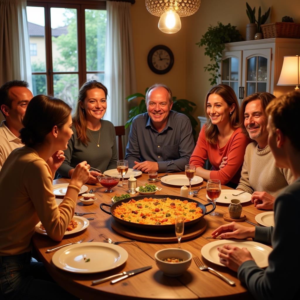 Family enjoying paella dinner