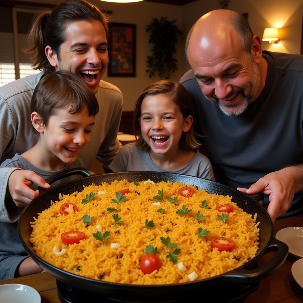 Family enjoying paella dinner