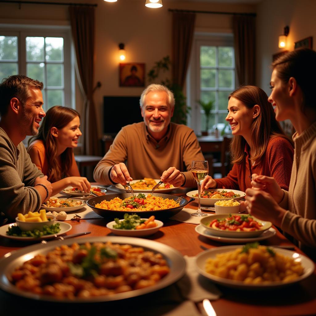 Family Enjoying Paella Dinner