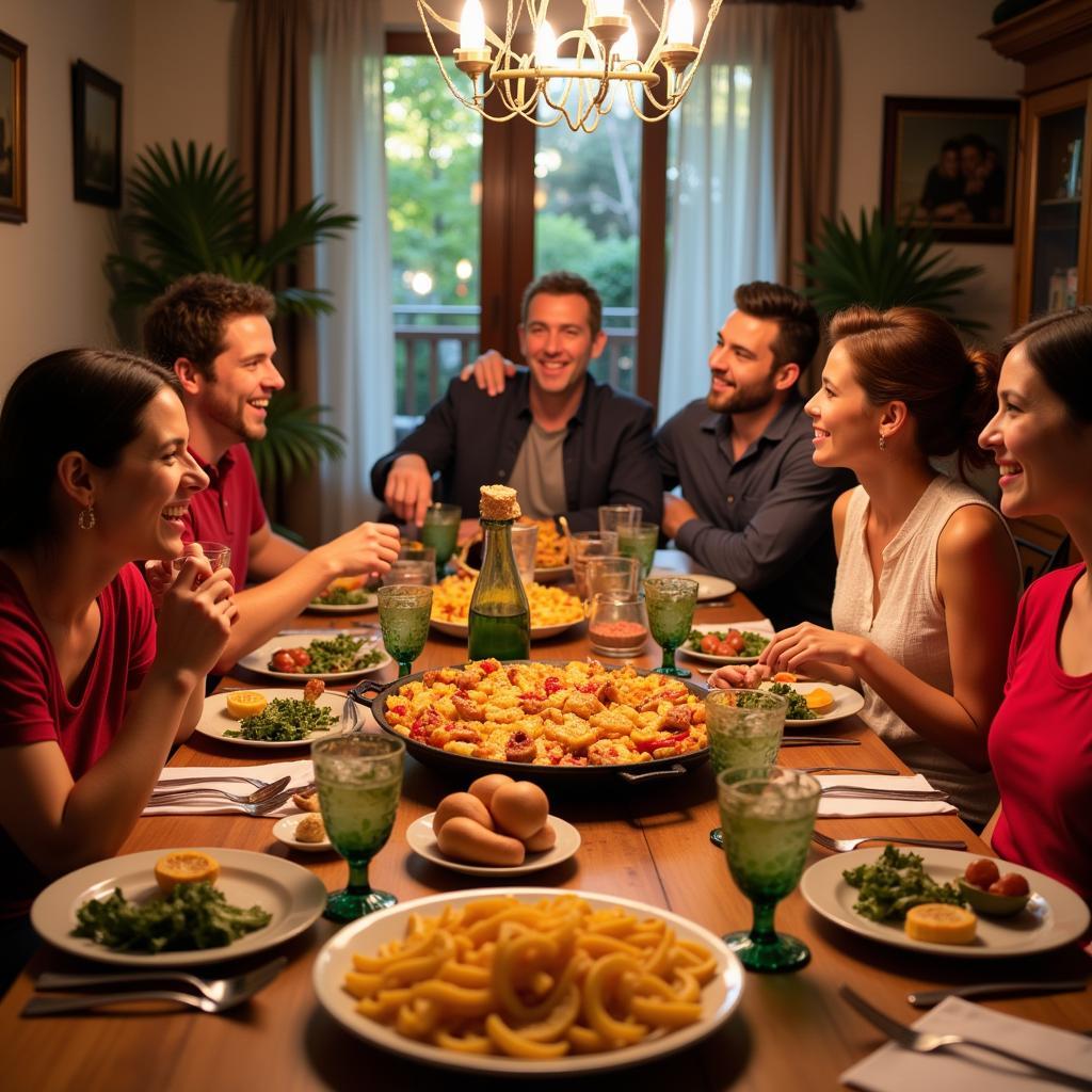 Family enjoying paella dinner