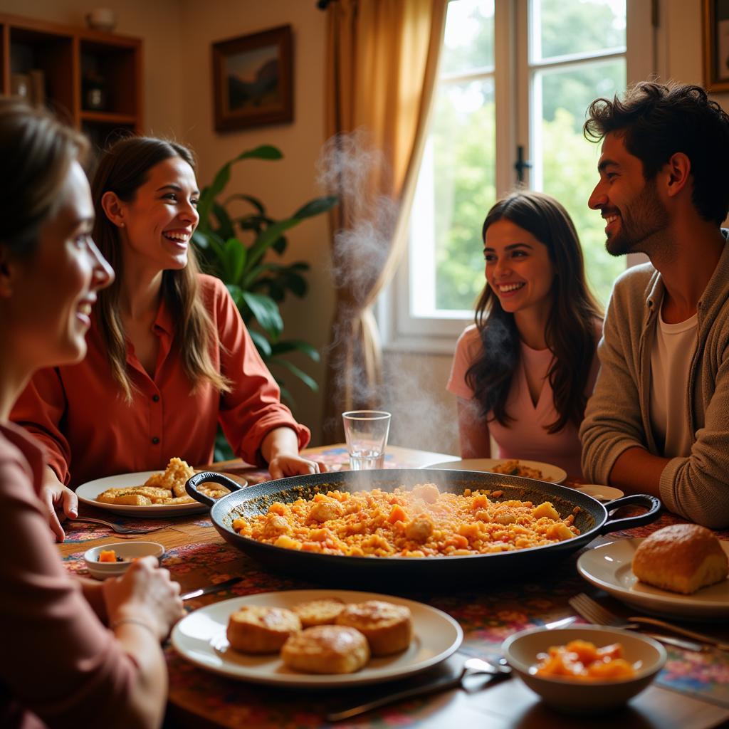 A Spanish family smiles as they share a traditional paella dinner together in their home.