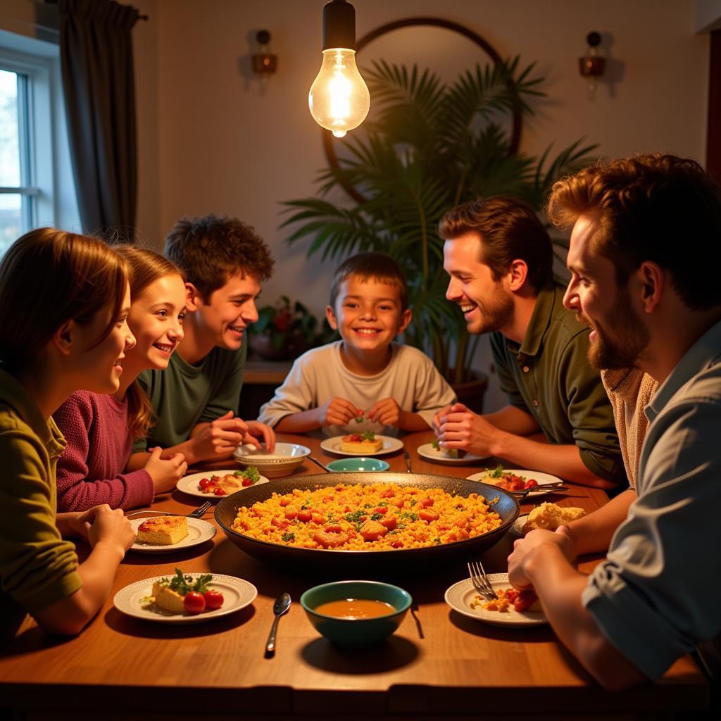 Family Enjoying Paella Dinner