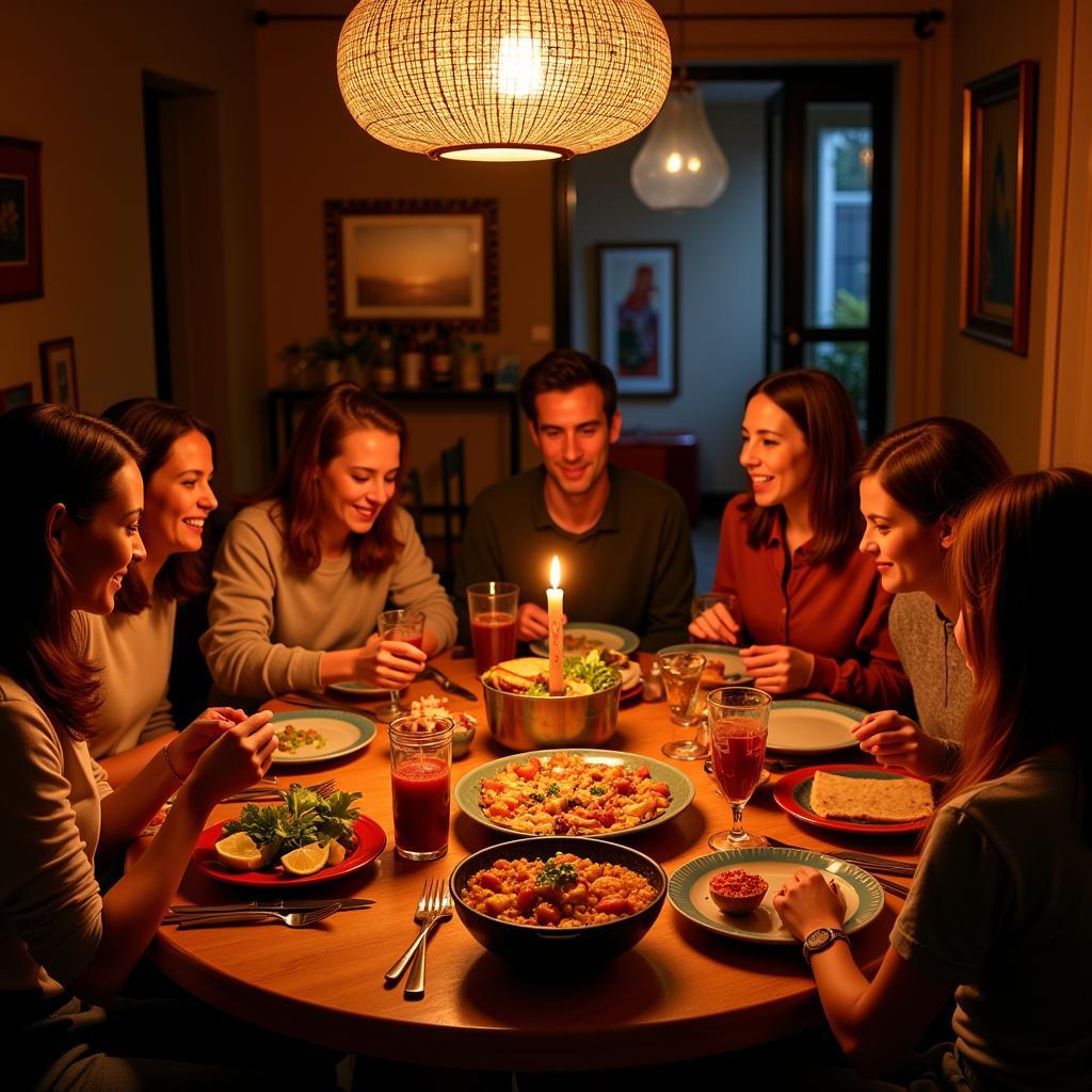 Family enjoying paella dinner in their home vermeylen