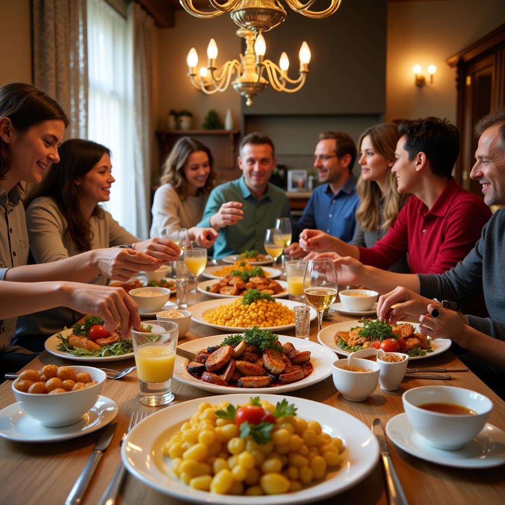 Spanish Family Enjoying Paella Dinner