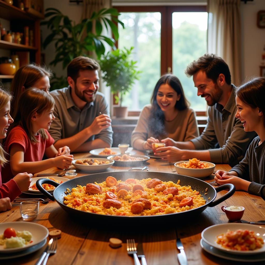 A Spanish family enjoying a traditional paella dinner together